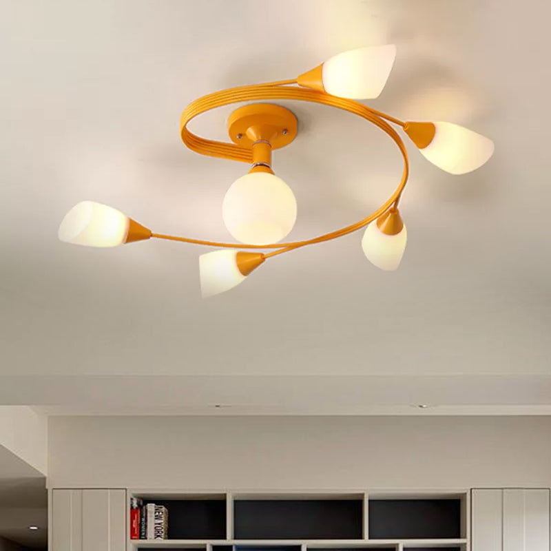 Curly Semi Flush Mount Light Nordic Iron 4/6-Head Grey/Pink/Yellow Ceiling Lamp with White Glass Shade Clearhalo 'Ceiling Lights' 'Chandeliers' 'Close To Ceiling Lights' 'Close to ceiling' 'Glass shade' 'Glass' 'Semi-flushmount' Lighting' 1433758