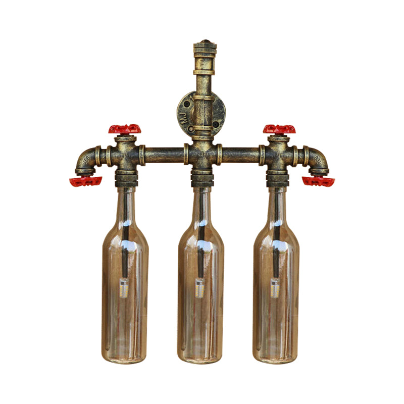 Wrought Iron Bottle Wall Light Antique 3 Lights Living Room Blue/Clear Wall Mounted Lamp with Aged Brass Pipe Clearhalo 'Cast Iron' 'Glass' 'Industrial wall lights' 'Industrial' 'Middle century wall lights' 'Modern' 'Tiffany' 'Traditional wall lights' 'Wall Lamps & Sconces' 'Wall Lights' Lighting' 143377