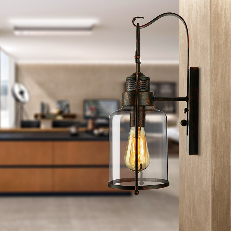 Cylinder Clear Glass Wall Mounted Lamp Industrial Single Bulb Living Room Sconce Light in Black/White/Rust with Cage Clearhalo 'Cast Iron' 'Glass' 'Industrial wall lights' 'Industrial' 'Middle century wall lights' 'Modern' 'Tiffany' 'Traditional wall lights' 'Wall Lamps & Sconces' 'Wall Lights' Lighting' 143384