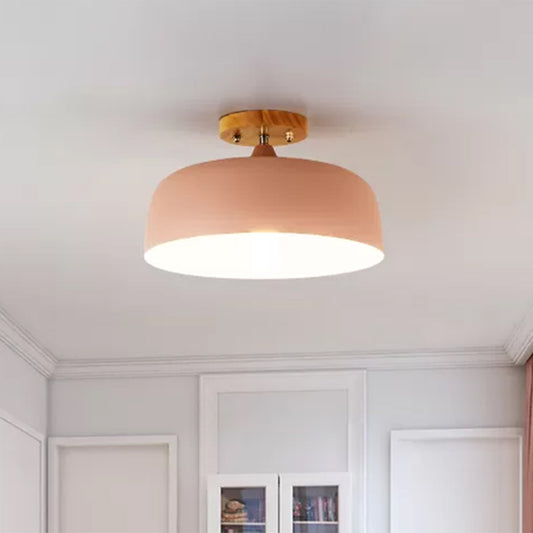 1 Light Gray/White/Pink/Green Ceiling Flush Mount Light with Drum Metal Lampshade Simple Semi-Flushmount Lamp Clearhalo 'Ceiling Lights' 'Close To Ceiling Lights' 'Close to ceiling' 'Semi-flushmount' Lighting' 1433845