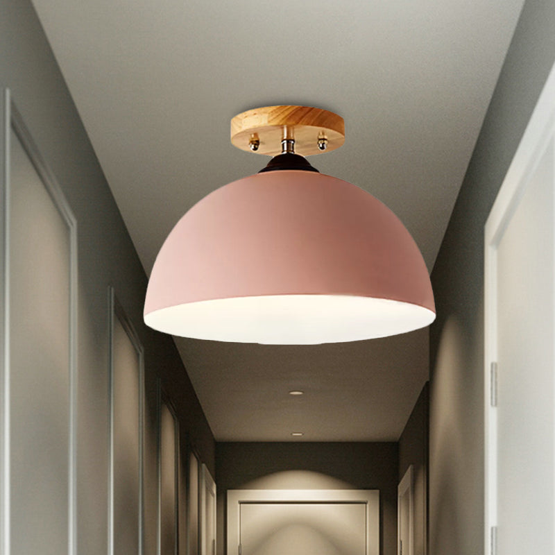 Red/Pink/White/Gray Domed Semi Flushmount Light Macaron Metal 1 Head Bedroom Semi Flush Ceiling Light, 12" W Clearhalo 'Ceiling Lights' 'Close To Ceiling Lights' 'Close to ceiling' 'Semi-flushmount' Lighting' 1433852