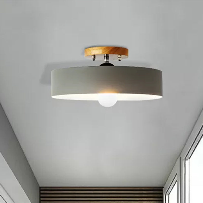 Drum Semi Mount Lighting Modernist Metal 1 Light 12" W Gray/White/Red/Pink Ceiling Mounted Fixture for Living Room Clearhalo 'Ceiling Lights' 'Close To Ceiling Lights' 'Close to ceiling' 'Semi-flushmount' Lighting' 1433853