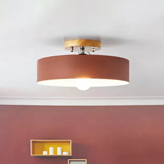 Drum Semi Mount Lighting Modernist Metal 1 Light 12" W Gray/White/Red/Pink Ceiling Mounted Fixture for Living Room Clearhalo 'Ceiling Lights' 'Close To Ceiling Lights' 'Close to ceiling' 'Semi-flushmount' Lighting' 1433854