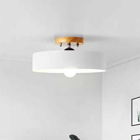 Drum Semi Mount Lighting Modernist Metal 1 Light 12" W Gray/White/Red/Pink Ceiling Mounted Fixture for Living Room Clearhalo 'Ceiling Lights' 'Close To Ceiling Lights' 'Close to ceiling' 'Semi-flushmount' Lighting' 1433855