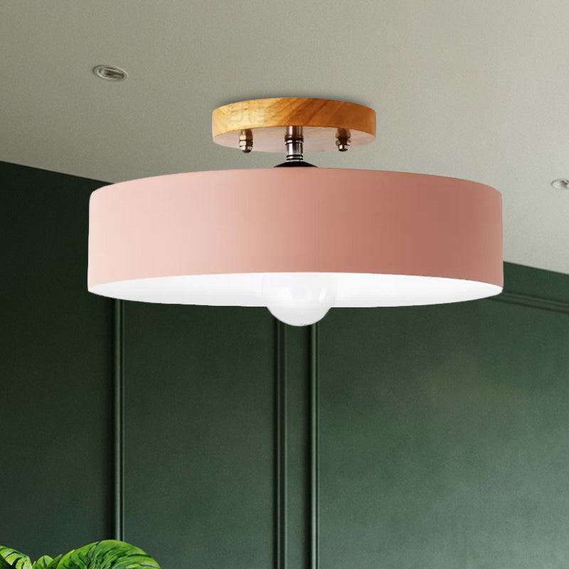 Drum Semi Mount Lighting Modernist Metal 1 Light 12" W Gray/White/Red/Pink Ceiling Mounted Fixture for Living Room Clearhalo 'Ceiling Lights' 'Close To Ceiling Lights' 'Close to ceiling' 'Semi-flushmount' Lighting' 1433856