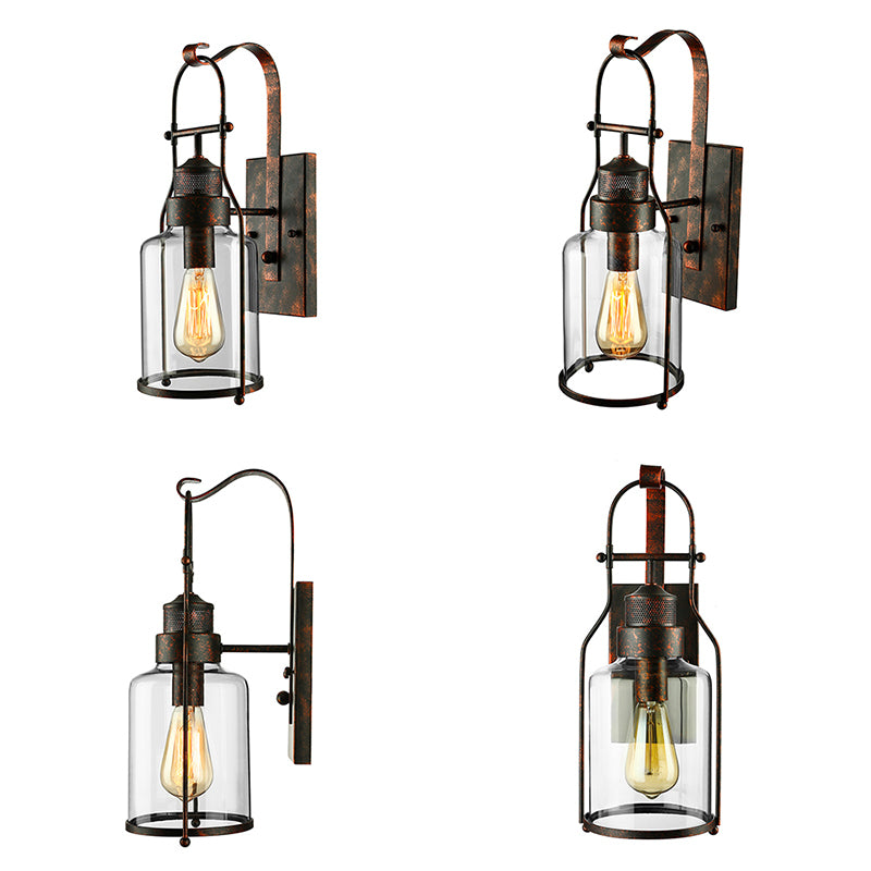 Cylinder Clear Glass Wall Mounted Lamp Industrial Single Bulb Living Room Sconce Light in Black/White/Rust with Cage Clearhalo 'Cast Iron' 'Glass' 'Industrial wall lights' 'Industrial' 'Middle century wall lights' 'Modern' 'Tiffany' 'Traditional wall lights' 'Wall Lamps & Sconces' 'Wall Lights' Lighting' 143386