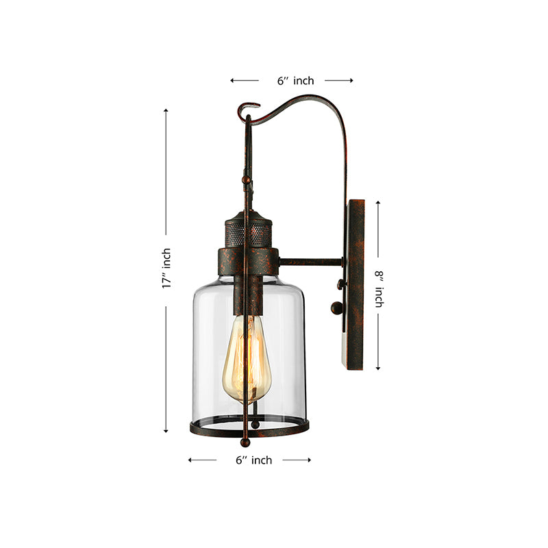 Cylinder Clear Glass Wall Mounted Lamp Industrial Single Bulb Living Room Sconce Light in Black/White/Rust with Cage Clearhalo 'Cast Iron' 'Glass' 'Industrial wall lights' 'Industrial' 'Middle century wall lights' 'Modern' 'Tiffany' 'Traditional wall lights' 'Wall Lamps & Sconces' 'Wall Lights' Lighting' 143387
