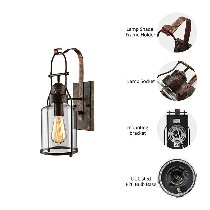 Cylinder Clear Glass Wall Mounted Lamp Industrial Single Bulb Living Room Sconce Light in Black/White/Rust with Cage Clearhalo 'Cast Iron' 'Glass' 'Industrial wall lights' 'Industrial' 'Middle century wall lights' 'Modern' 'Tiffany' 'Traditional wall lights' 'Wall Lamps & Sconces' 'Wall Lights' Lighting' 143388