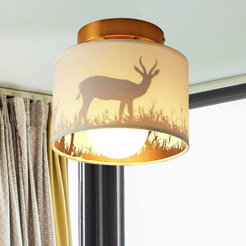 Fabric Cylinder Flush Mount Fixture with Flower/Deer Pattern Nordic 1 Bulb Flush Mount Ceiling Light for Foyer Clearhalo 'Ceiling Lights' 'Close To Ceiling Lights' 'Close to ceiling' 'Semi-flushmount' Lighting' 1433907