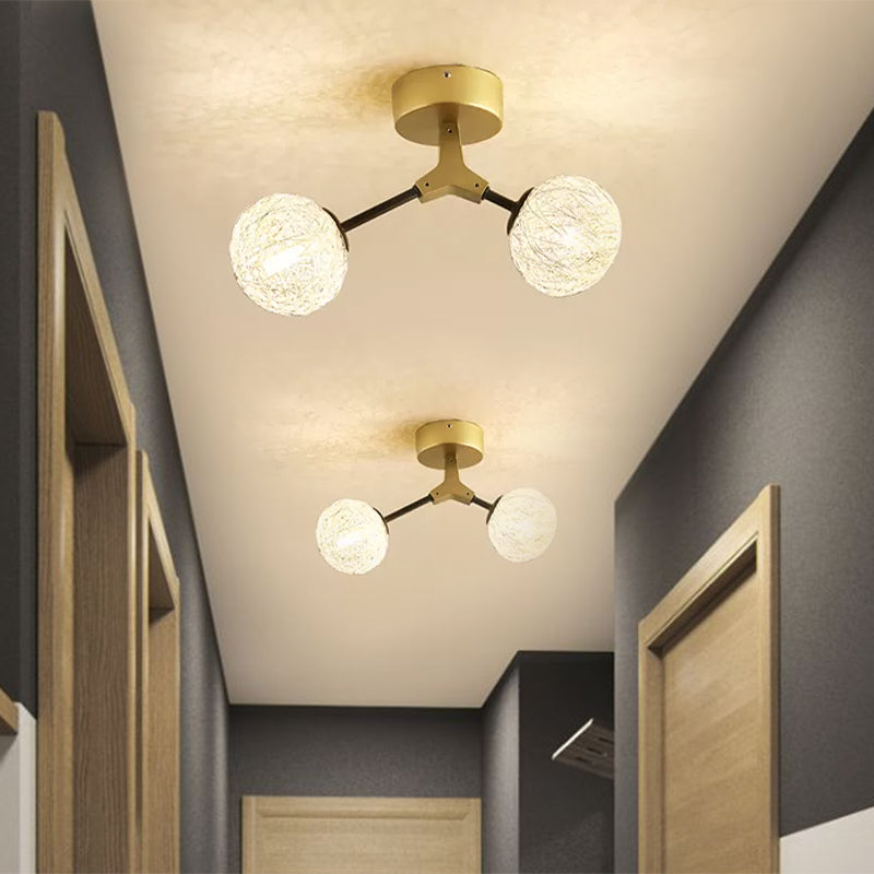 Handwoven Ball Semi Flush Light Fixture Modern 1 Head Ceiling Flush Mount in Gold Finish Clearhalo 'Ceiling Lights' 'Close To Ceiling Lights' 'Close to ceiling' 'Flush mount' Lighting' 1433910
