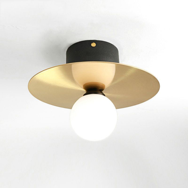 Milk Glass Globe Light Fixture Ceiling with Golden Disk Contemporary 1 Bulb Ceiling Light for Living Room - Clearhalo - 'Ceiling Lights' - 'Close To Ceiling Lights' - 'Close to ceiling' - 'Flush mount' - Lighting' - 1433926
