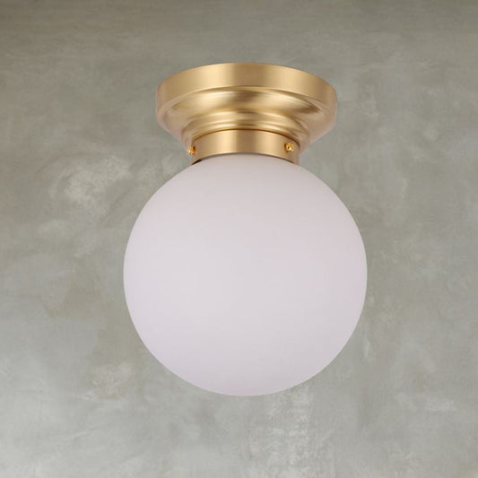 1 Bulb Brass/Black Finish Close to Ceiling Light with Frosted Globe Glass Shade Minimalist Semi-Flushmount Light Clearhalo 'Ceiling Lights' 'Close To Ceiling Lights' 'Close to ceiling' 'Flush mount' Lighting' 1433929