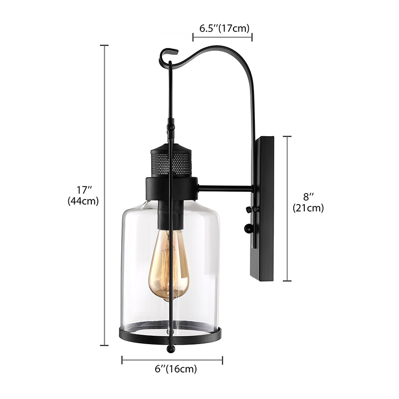 Cylinder Clear Glass Wall Mounted Lamp Industrial Single Bulb Living Room Sconce Light in Black/White/Rust with Cage Clearhalo 'Cast Iron' 'Glass' 'Industrial wall lights' 'Industrial' 'Middle century wall lights' 'Modern' 'Tiffany' 'Traditional wall lights' 'Wall Lamps & Sconces' 'Wall Lights' Lighting' 143393
