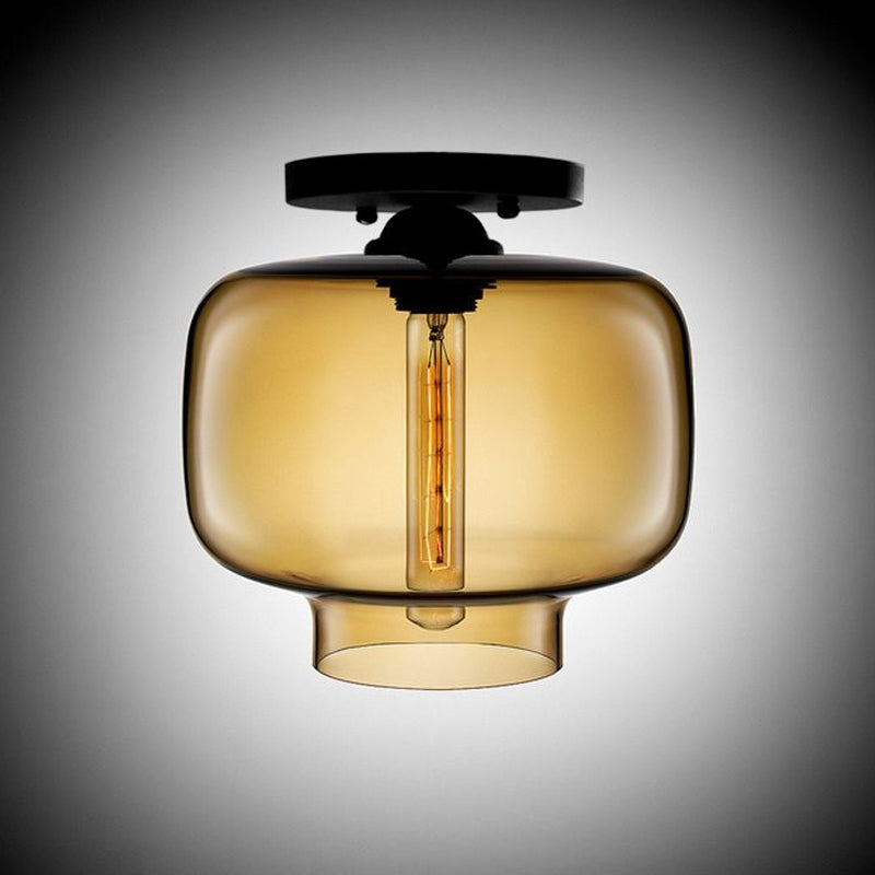 Modern Red/Sky Blue/Amber/Smoke Gray/Coffee Lantern Flushmount Light 1 Bulb Flush Mount Lamp with Glass Shade in Black Clearhalo 'Ceiling Lights' 'Close To Ceiling Lights' 'Close to ceiling' 'Flush mount' Lighting' 1433935