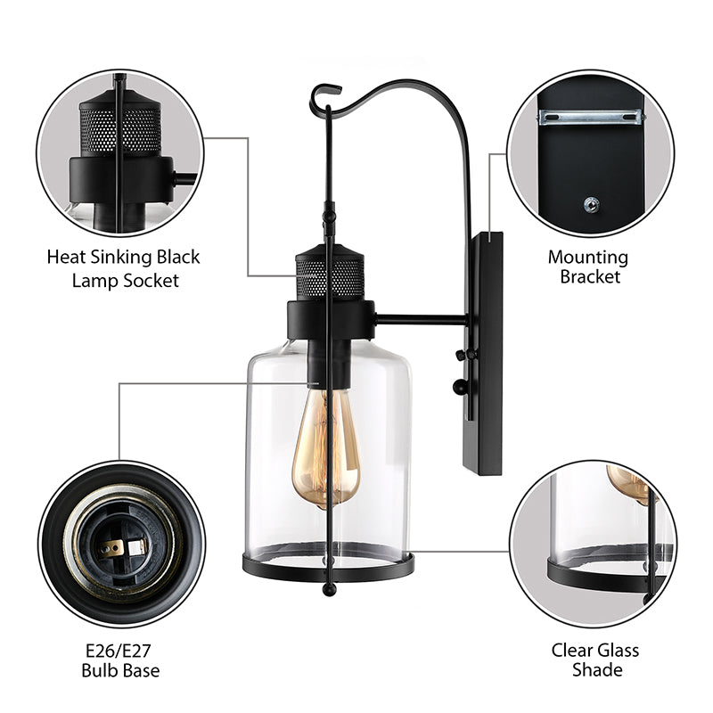 Cylinder Clear Glass Wall Mounted Lamp Industrial Single Bulb Living Room Sconce Light in Black/White/Rust with Cage Clearhalo 'Cast Iron' 'Glass' 'Industrial wall lights' 'Industrial' 'Middle century wall lights' 'Modern' 'Tiffany' 'Traditional wall lights' 'Wall Lamps & Sconces' 'Wall Lights' Lighting' 143394