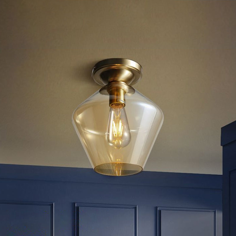 Drum/Vase Ceiling Mounted Fixture with Amber Glass Lampshade Contemporary 1 Light Flush Ceiling Fixture in Brass Finish Clearhalo 'Ceiling Lights' 'Close To Ceiling Lights' 'Close to ceiling' 'Flush mount' Lighting' 1433946