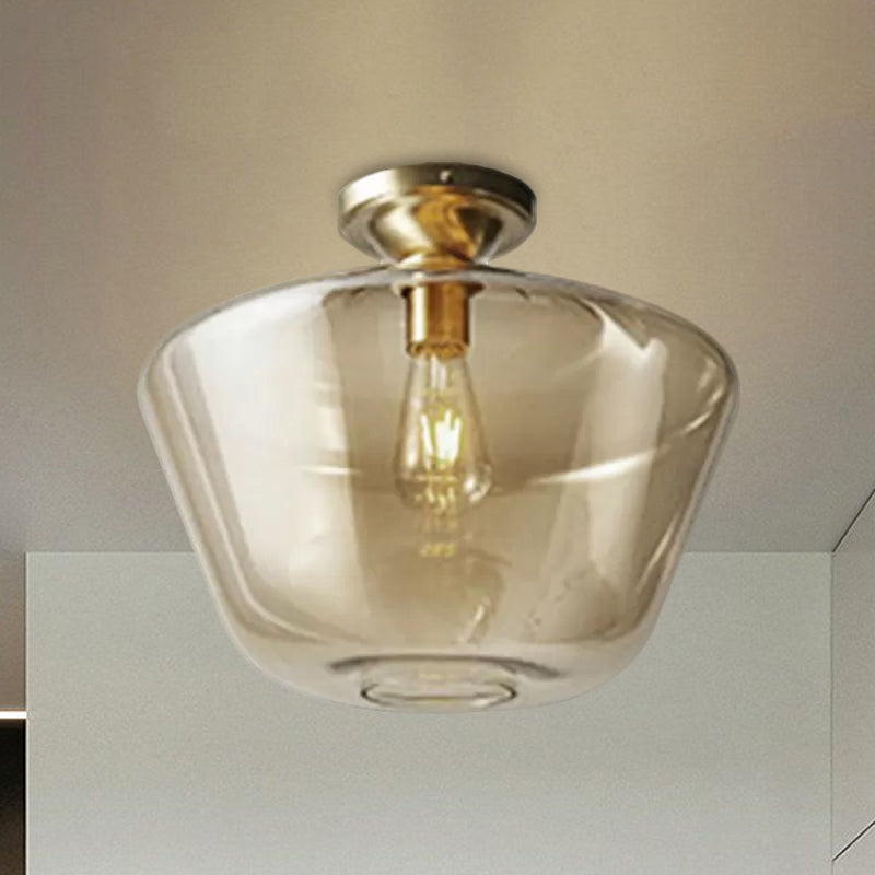 Drum/Vase Ceiling Mounted Fixture with Amber Glass Lampshade Contemporary 1 Light Flush Ceiling Fixture in Brass Finish Clearhalo 'Ceiling Lights' 'Close To Ceiling Lights' 'Close to ceiling' 'Flush mount' Lighting' 1433947