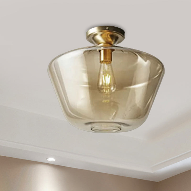Drum/Vase Ceiling Mounted Fixture with Amber Glass Lampshade Contemporary 1 Light Flush Ceiling Fixture in Brass Finish Clearhalo 'Ceiling Lights' 'Close To Ceiling Lights' 'Close to ceiling' 'Flush mount' Lighting' 1433948