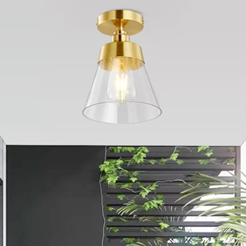 1 Light Gold Finish Semi Flush Mount Light with Conical Shade and Clear Glass Minimalist Semi Flush Ceiling Light Clearhalo 'Ceiling Lights' 'Close To Ceiling Lights' 'Close to ceiling' 'Flush mount' Lighting' 1433954
