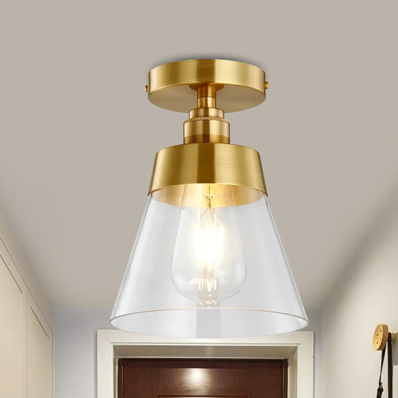 1 Light Gold Finish Semi Flush Mount Light with Conical Shade and Clear Glass Minimalist Semi Flush Ceiling Light Clearhalo 'Ceiling Lights' 'Close To Ceiling Lights' 'Close to ceiling' 'Flush mount' Lighting' 1433955