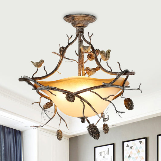3 Lights Bowl Semi Flush Light Country Bronze Frosted Glass Semi Flush Mount Lighting for Bedroom Clearhalo 'Ceiling Lights' 'Close To Ceiling Lights' 'Close to ceiling' 'Glass shade' 'Glass' 'Island Lights' 'Semi-flushmount' Lighting' 1434062