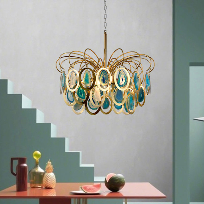 Green Peacock Feather Chandelier Light Modern 5-Head Iron Ceiling Hanging Pendant with Agates Clearhalo 'Ceiling Lights' 'Chandeliers' 'Modern Chandeliers' 'Modern' Lighting' 1434074