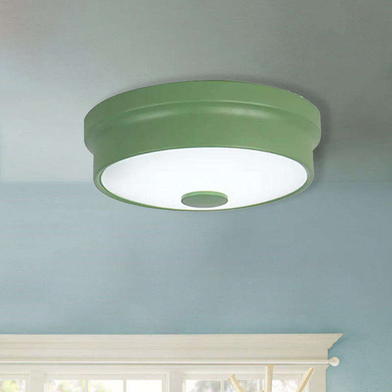 Macaron Drum Ceiling Flush Light Metal Led Kids Room Flushmount Lighting in Black/Green/Pink/Yellow with Frosted Glass Diffuser Clearhalo 'Ceiling Lights' 'Close To Ceiling Lights' 'Close to ceiling' 'Flush mount' Lighting' 1434141