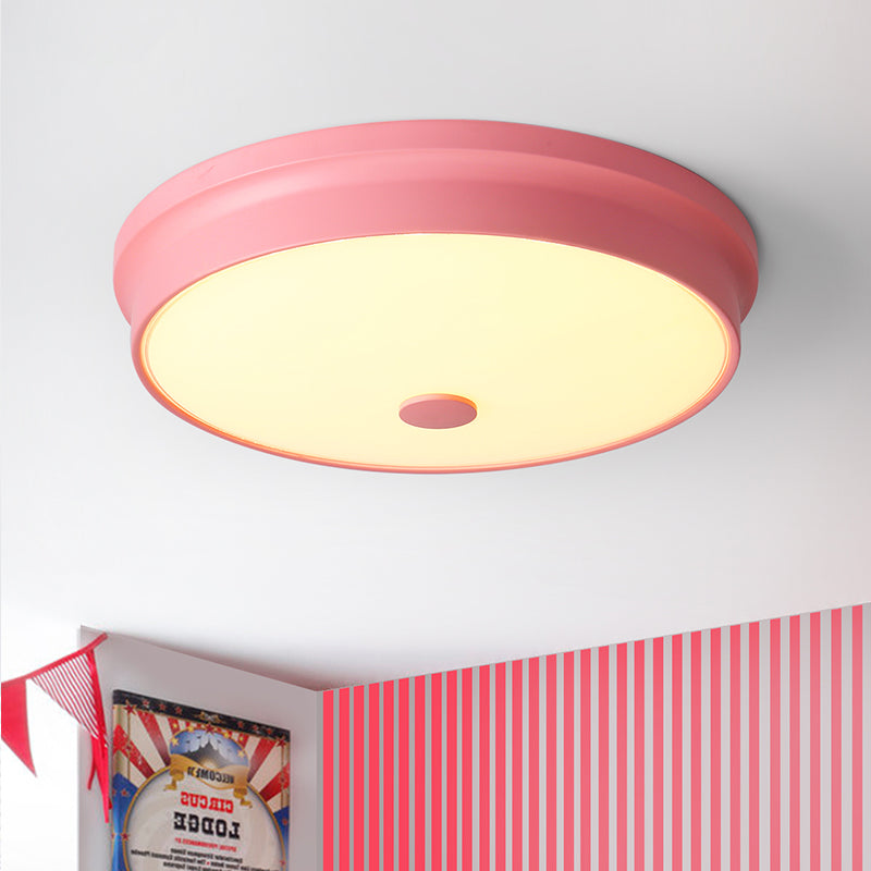 Macaron Drum Ceiling Flush Light Metal Led Kids Room Flushmount Lighting in Black/Green/Pink/Yellow with Frosted Glass Diffuser Clearhalo 'Ceiling Lights' 'Close To Ceiling Lights' 'Close to ceiling' 'Flush mount' Lighting' 1434143