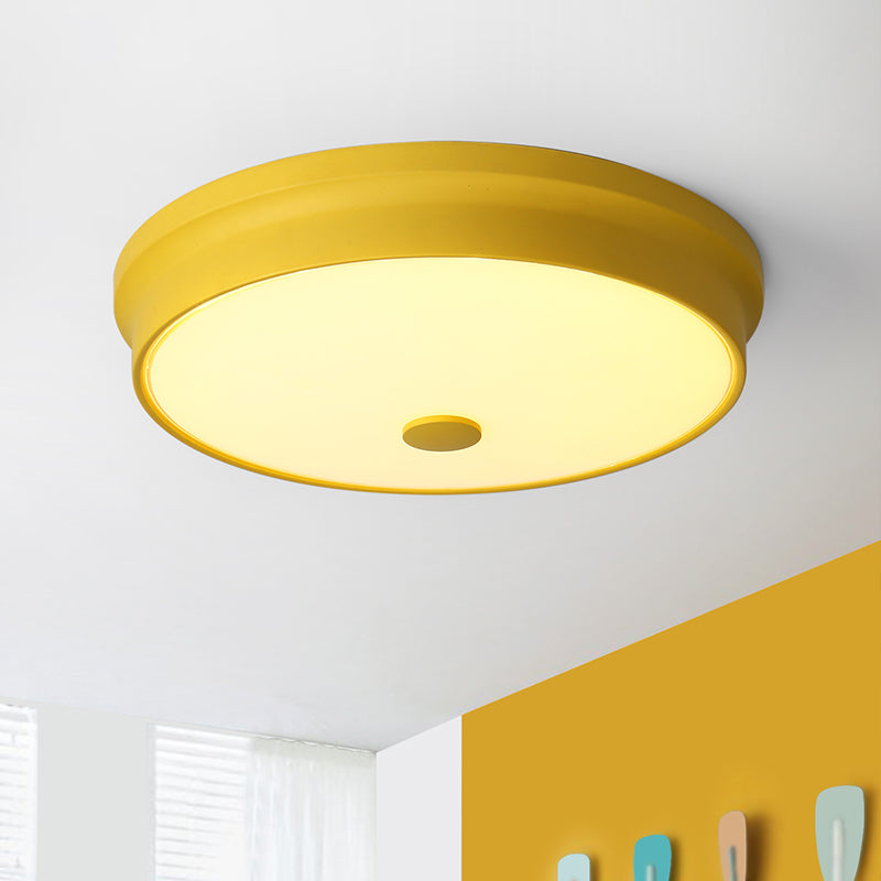 Macaron Drum Ceiling Flush Light Metal Led Kids Room Flushmount Lighting in Black/Green/Pink/Yellow with Frosted Glass Diffuser Clearhalo 'Ceiling Lights' 'Close To Ceiling Lights' 'Close to ceiling' 'Flush mount' Lighting' 1434144