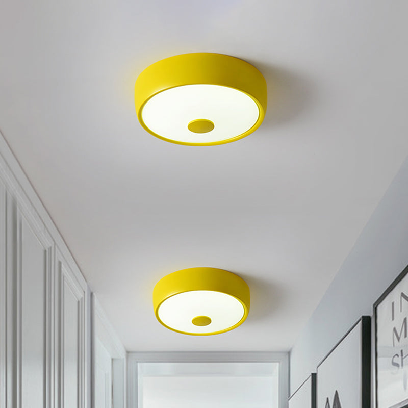 Macaron Drum Ceiling Flush Light Metal Led Kids Room Flushmount Lighting in Black/Green/Pink/Yellow with Frosted Glass Diffuser Clearhalo 'Ceiling Lights' 'Close To Ceiling Lights' 'Close to ceiling' 'Flush mount' Lighting' 1434145