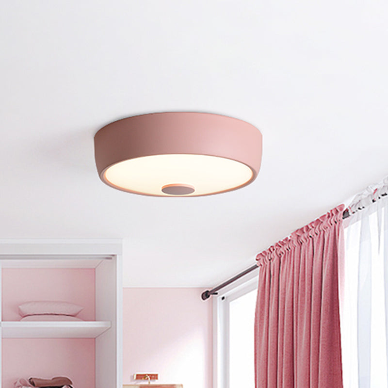 Macaron Drum Ceiling Flush Light Metal Led Kids Room Flushmount Lighting in Black/Green/Pink/Yellow with Frosted Glass Diffuser Clearhalo 'Ceiling Lights' 'Close To Ceiling Lights' 'Close to ceiling' 'Flush mount' Lighting' 1434147