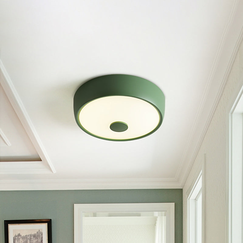 Macaron Drum Ceiling Flush Light Metal Led Kids Room Flushmount Lighting in Black/Green/Pink/Yellow with Frosted Glass Diffuser Clearhalo 'Ceiling Lights' 'Close To Ceiling Lights' 'Close to ceiling' 'Flush mount' Lighting' 1434148