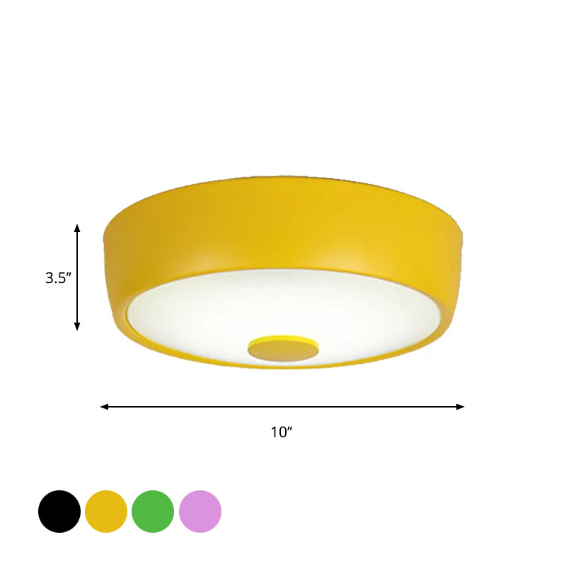 Macaron Drum Ceiling Flush Light Metal Led Kids Room Flushmount Lighting in Black/Green/Pink/Yellow with Frosted Glass Diffuser Clearhalo 'Ceiling Lights' 'Close To Ceiling Lights' 'Close to ceiling' 'Flush mount' Lighting' 1434149