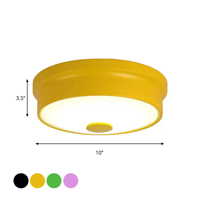 Macaron Drum Ceiling Flush Light Metal Led Kids Room Flushmount Lighting in Black/Green/Pink/Yellow with Frosted Glass Diffuser Clearhalo 'Ceiling Lights' 'Close To Ceiling Lights' 'Close to ceiling' 'Flush mount' Lighting' 1434150