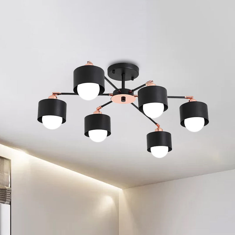 3/6/8 Lights Cylinder Semi Flush Lamp Nordic Style Metal Black/White Semi Flush Ceiling Light Clearhalo 'Ceiling Lights' 'Close To Ceiling Lights' 'Close to ceiling' 'Semi-flushmount' Lighting' 1434268