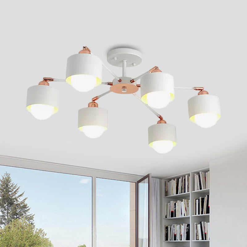 3/6/8 Lights Cylinder Semi Flush Lamp Nordic Style Metal Black/White Semi Flush Ceiling Light Clearhalo 'Ceiling Lights' 'Close To Ceiling Lights' 'Close to ceiling' 'Semi-flushmount' Lighting' 1434273