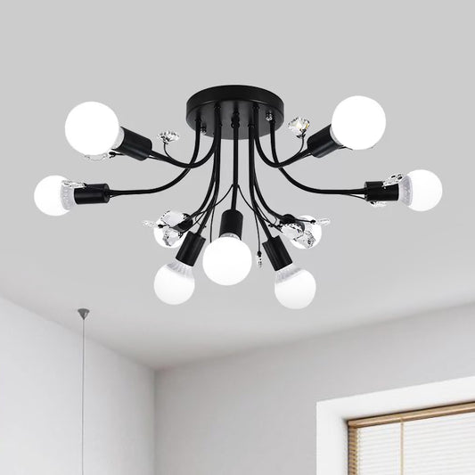 Black/White/Gold Curved Arms Semi Flush Mount Light Nordic Metal 6/9 Lights Ceiling Flush Mount for Bedroom Clearhalo 'Ceiling Lights' 'Close To Ceiling Lights' 'Close to ceiling' 'Semi-flushmount' Lighting' 1434316