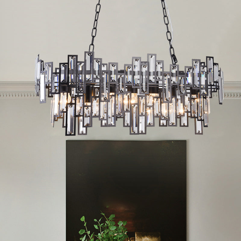 7 Bulbs Oval Frame Pendant Lamp Modern Black/Gold Clear Rectangular-Cut Crystals Encrusted Island Lighting Black Clearhalo 'Ceiling Lights' 'Island Lights' Lighting' 1434489