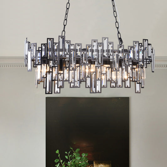 7 Bulbs Oval Frame Pendant Lamp Modern Black/Gold Clear Rectangular-Cut Crystals Encrusted Island Lighting Black Clearhalo 'Ceiling Lights' 'Island Lights' Lighting' 1434489