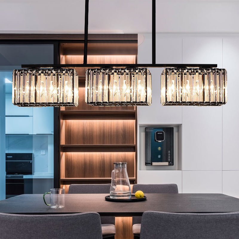 4/6/8 Heads Island Chandelier Contemporary Cuboid Shade Clear Crystal Hanging Light Fixture in Black 6 Black Clearhalo 'Ceiling Lights' 'Island Lights' Lighting' 1434646