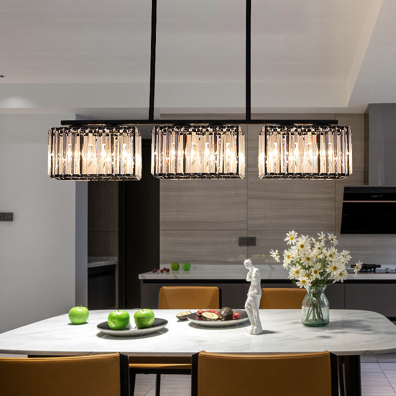 4/6/8 Heads Island Chandelier Contemporary Cuboid Shade Clear Crystal Hanging Light Fixture in Black Clearhalo 'Ceiling Lights' 'Island Lights' Lighting' 1434647