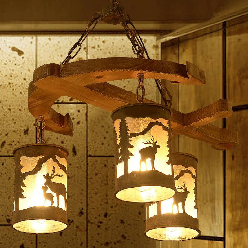 Cylinder Living Room Chandelier Rustic Wood 3 Lights Brown Hanging Fixture with Anchor Accents Clearhalo 'Ceiling Lights' 'Chandeliers' Lighting' options 1434667