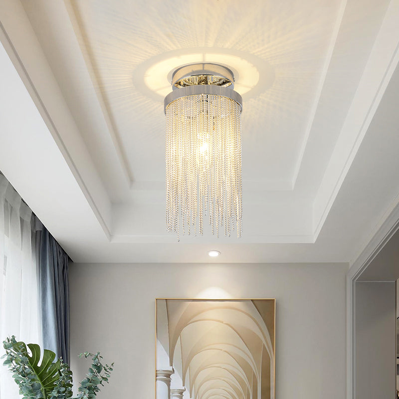 Gold/Chrome/Blue Metal Chain Semi Flush Mount Lamp Modern 1 Light Living Room Ceiling Mounted Fixture Clearhalo 'Ceiling Lights' 'Close To Ceiling Lights' 'Close to ceiling' 'Glass shade' 'Glass' 'Island Lights' 'Semi-flushmount' Lighting' 1434871