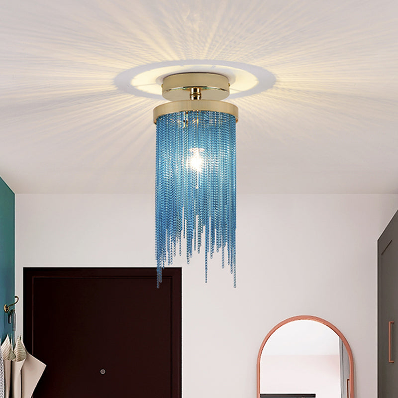 Gold/Chrome/Blue Metal Chain Semi Flush Mount Lamp Modern 1 Light Living Room Ceiling Mounted Fixture Clearhalo 'Ceiling Lights' 'Close To Ceiling Lights' 'Close to ceiling' 'Glass shade' 'Glass' 'Island Lights' 'Semi-flushmount' Lighting' 1434872