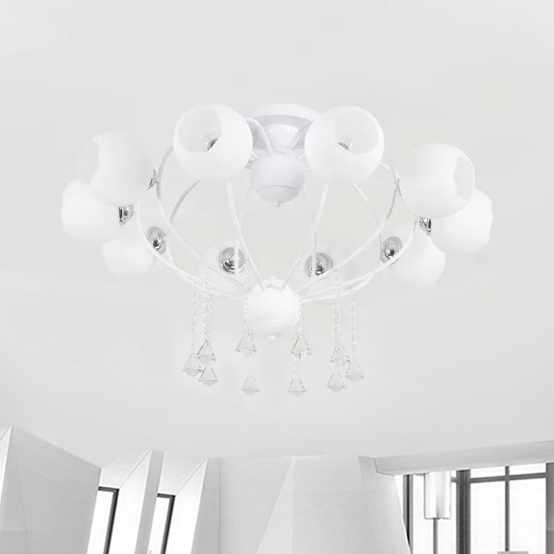 Globe Glass Shade Ceiling Light Fixture with Crystal Drop Rustic Metal 3/6/10 Heads Black/White Living Room Semi Flush Mount Light Clearhalo 'Ceiling Lights' 'Close To Ceiling Lights' 'Close to ceiling' 'Glass shade' 'Glass' 'Semi-flushmount' Lighting' 1434897