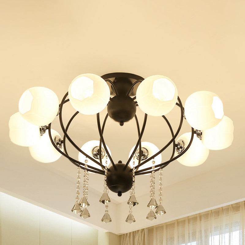 Globe Glass Shade Ceiling Light Fixture with Crystal Drop Rustic Metal 3/6/10 Heads Black/White Living Room Semi Flush Mount Light Clearhalo 'Ceiling Lights' 'Close To Ceiling Lights' 'Close to ceiling' 'Glass shade' 'Glass' 'Semi-flushmount' Lighting' 1434899