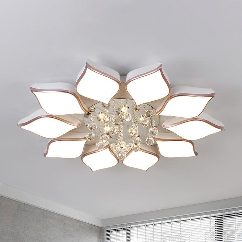 White Blooming Flush Mount Ceiling Modern Acrylic 8/10 Heads Living Room Ceiling Flush Mount with Crystal Drop in Warm Clearhalo 'Ceiling Lights' 'Close To Ceiling Lights' 'Close to ceiling' 'Flush mount' Lighting' 1434908