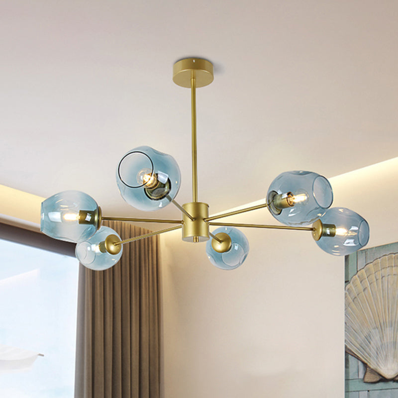 Gold Branch Chandelier Lighting Post Modern 6/8 Lights Light Blue/Clear/Amber Glass Ceiling Suspension Lamp 6 Light Blue Clearhalo 'Ceiling Lights' 'Chandeliers' 'Clear' 'Glass shade' 'Glass' 'Industrial' 'Modern Chandeliers' 'Modern' 'Tiffany' 'Traditional Chandeliers' Lighting' 1435065