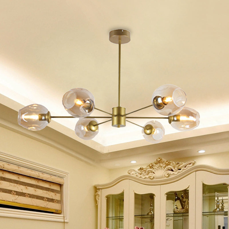 Gold Branch Chandelier Lighting Post Modern 6/8 Lights Light Blue/Clear/Amber Glass Ceiling Suspension Lamp 6 Amber Clearhalo 'Ceiling Lights' 'Chandeliers' 'Clear' 'Glass shade' 'Glass' 'Industrial' 'Modern Chandeliers' 'Modern' 'Tiffany' 'Traditional Chandeliers' Lighting' 1435073