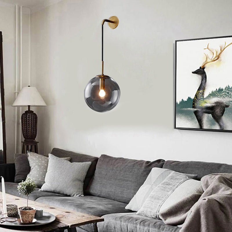 Modern Spherical Wall Lighting Fixture 1 Bulb Smoked Glass Sconce Light in Black/Brass for Living Room, 8"/10" Brass Clearhalo 'Cast Iron' 'Glass' 'Industrial wall lights' 'Industrial' 'Middle century wall lights' 'Modern' 'Tiffany' 'Traditional wall lights' 'Wall Lamps & Sconces' 'Wall Lights' Lighting' 143515